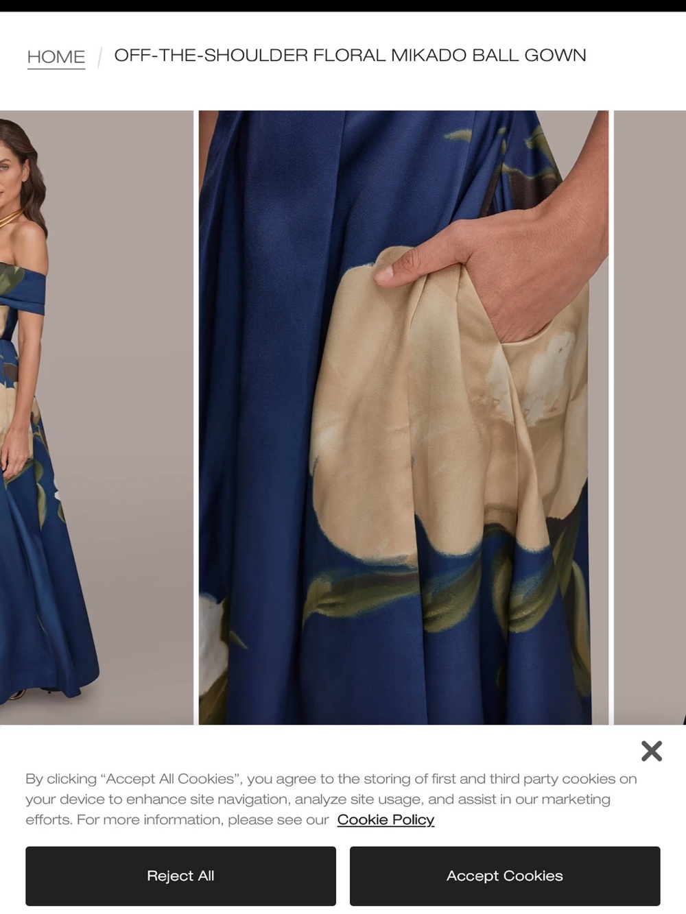 NWT Donna Karan Off-the-Shoulder Floral Mikado Ball Gown - Navy & Cream